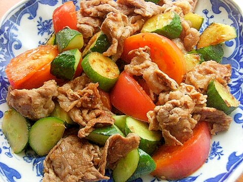 にんにく醤油で?牛肉&トマト&胡瓜の生姜炒め♪